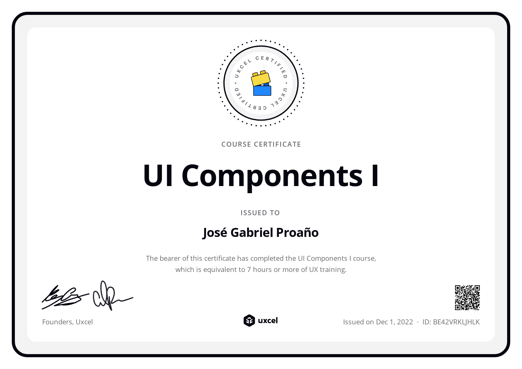 José Gabriel Proaño's certificate